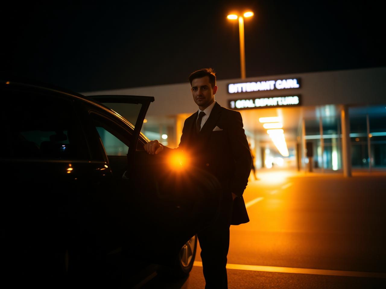Chauffeur in pak houdt de wagendeur open aan de luchthaven